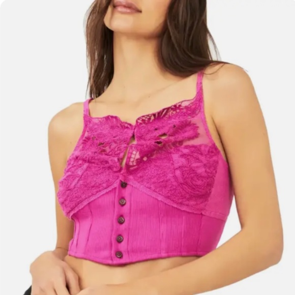 Have My Heart Tank by Free People Lace button Crop Corset Top Pink Large L - Picture 2 of 13